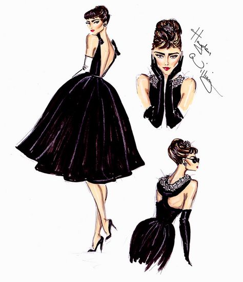 Audrey Hepburn 20th Anniversary by Hayden Williams Sketches Fashion, Hayden Williams, Fashion Art Illustration, Vestidos Vintage, Fashion Illustrator, Fashion Illustrations, Mode Vintage, Black Dresses, Audrey Hepburn