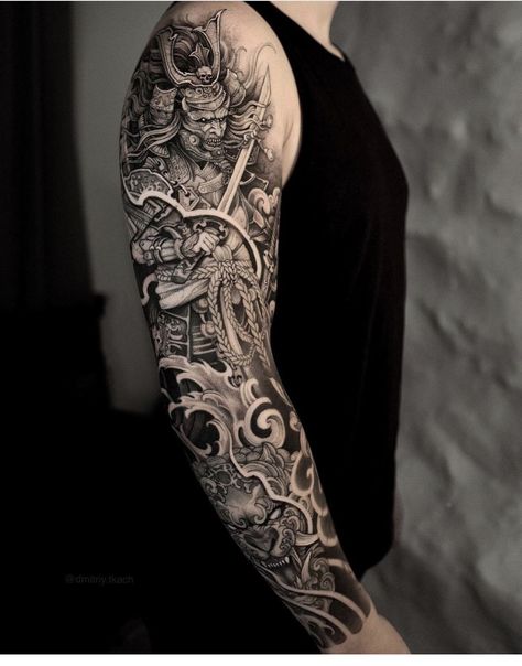 Full Sleeve Dragon Tattoos For Guys, Samurai Arm Sleeve Tattoo, Tattoo Full Hand Men, Arm Tattoo Men Japanese, Arm Sleeve Tattoo For Men Ideas Black, Full Hand Tattoo Men, Full Arm Sleeve Tattoo Men, Full Arm Tattoo Men, Dragon Forearm Tattoo