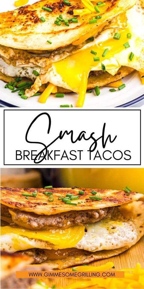 Fire up the Blackstone or your cast iron skillet and make these delicious Smash Breakfast Tacos! A crispy tortilla with a sausage patty and cheese. These easy breakfast tacos are delicious and so easy to make. Breakfast On A Flat Top Grill, Breakfast Tacos Blackstone, Easy Black Stone Camping Meals, Healthy Blackstone Breakfast, Breakfast Ideas Skillet, Breakfast Smash Tacos, Easy Blackstone Breakfast, Breakfast Blackstone Griddle Recipes, Breakfast Tacos On Blackstone