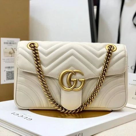 壟壟Gucci Small GG Marmont 2.0 Matelasse Leather Shoulder Bag Mystic White Gg Marmont Small Shoulder Bag, Metallic Pants, Ar Accessories, Gucci Gg Marmont, Gg Marmont, Gucci Handbags, Garment Bags, Small Shoulder Bag, Rain And Snow Boots