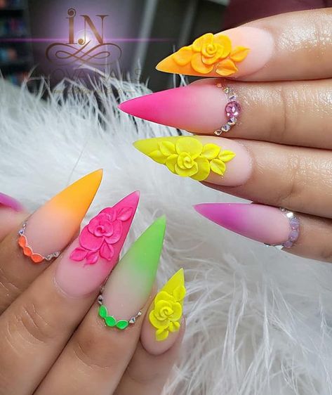 3d Nail Designs, 3d Flower Nails, Colorful Nails, Rainbow Nails, Neon Nails, Bridal Nails, Luxury Nails, Fabulous Nails, Bling Nails