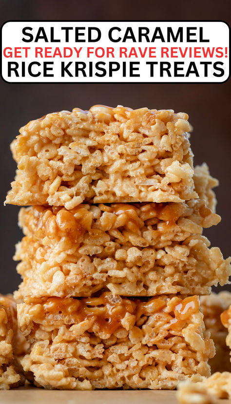 three treats are in a. stack Salted Caramel Rice Krispie Treats, Bars With Caramel, Caramel Rice Krispie Treats, Rice Crispies Recipe, Homemade Rice Krispies, Crispy Treats Recipe, Homemade Rice Krispies Treats, Rice Krispie Bars, Crispy Recipes