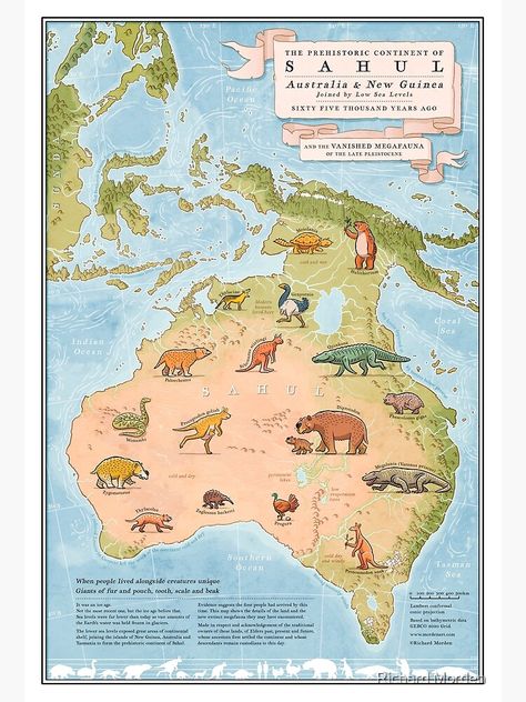 "The prehistoric continent Sahul and the vanished ice age megafauna" Art Print by morden | Redbubble Megafauna Art, Perang Dunia Ii, Prehistoric Age, Map Of Australia, Ikan Air Tawar, History Of Earth, Australia Art, Fantasy World Map, Geography Map