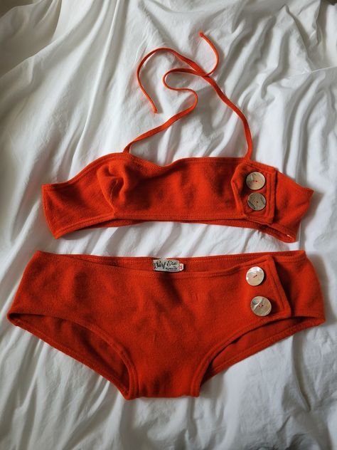 Vintage 60s Mod Orange Wool Knit Bikini 70s Bikinis Vintage, 80s Bikinis Vintage, 70s Swimwear, Westwood Los Angeles, Personal Fashion Stylist, Fall 24, Vintage Swimwear, 60s Mod, 1960s Fashion