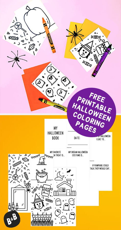 Our free printable Halloween coloring pages for kids sitting on colorful backgrounds Kids Halloween Activity, October Journal, Halloween Activity Sheets, Halloween Costume Patterns, Fun Halloween Activities, Boredom Busters For Kids, Halloween Books For Kids, Free Printable Halloween, Halloween Mystery