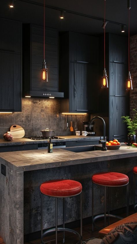 Black Red Kitchen, Men’s Kitchen, Grey And Red Kitchen Ideas, Masculine Kitchen Decor, Man Kitchen Decor, Dark Modern Kitchen, Kitchen With Black Cabinets, Masculine Kitchen, Mens Kitchen