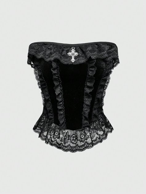 Gothic Palace Style Cross Decor Lace Patchwork Velvet Camisole Top For Women Black Party  Sleeveless Knitted Fabric Plain  High Stretch  Women Clothing, size features are:Bust: ,Length: ,Sleeve Length: Lace Gothic Top, Gothic Corset Top, Gothic Lace Pattern, Corset Outfit Goth, Gothic Tops Women, Gothic Palace, Lace Png, Black Corset Outfit, Patchwork Velvet