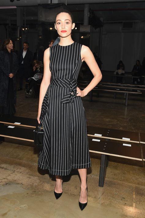 Fashion Show Outfit, Emmy Rossum Style, Pin Stripe Dress, Carolina Herrera Fashion, Monday February, Dkny Dress, Emmy Rossum, 17 Black, Outfits Petite