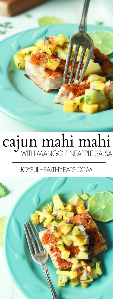 Pan Seared Cajun Mahi Mahi with a fresh Mango Pineapple Salsa, an easy gluten free recipe that takes 15 minutes to make! A taste of the Caribbean! | joyfulhealthyeats.com #recipes Salsa Easy, Mango Pineapple Salsa, Shrimp Cakes, Coconut Dessert, Mango Pineapple, Gluten Free Recipe, Easy Seafood, Pineapple Salsa, Brownie Desserts