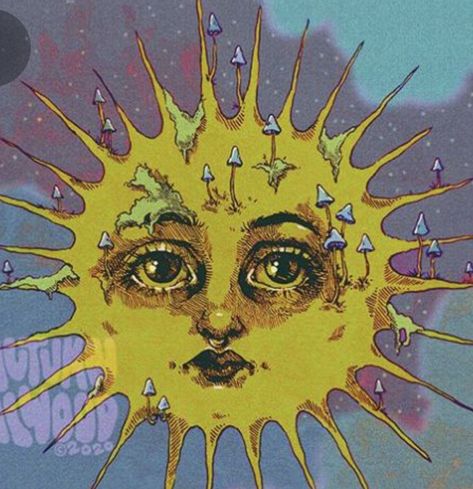 60s Aesthetic, Retro Printables, Hippie Aesthetic, Hippie Painting, Sun Art, Sun And Stars, Funky Art, Surreal Art, Wall Collage