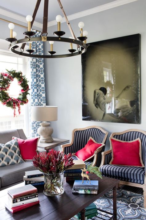 Omgosh I want these chairs! Red Christmas Decorations, Blue Grey Living Room, Coffee Table Flowers, Grey Living Room, Holiday Mantel, Grey Christmas, Living Room Red, Christmas Mantel Decorations, Red Cushions