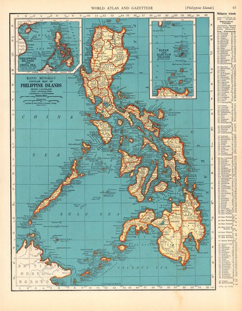 ANTIQUE MAP OF THE PHILIPPINE ISLANDS This is a vintage Philippines map which was carefully removed from a Rand McNally atlas published in 1939. It measures approximately 9 by 12.5 inches - not including the index. The full page measures 11 by 14 inches. The map is in very good condition - note light border staining on the bottom edge. There is a map of Puerto Rico on the reverse side. PRINT AND MAP COLLECTIONS IN MY SHOP: DOG ART PRINTS: https://etsy.me/3hy3pmJ HORSE ART PRINTS: https://etsy.me Antique Philippines, Map Of The Philippines, Vintage Philippines, Philippine Map, Maps Aesthetic, Philippine Islands, Gift For Wedding Anniversary, Horse Art Print, Map Vintage