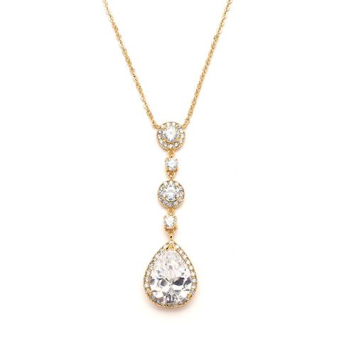 PRICES MAY VARY. Mariell Best-Selling Cubic Zirconia Y-style Gold Pendant Necklace for Bridal or Special Occasion; Features a Plunging Bold Teardrop with Round-Cut Halos; Dramatic Pendant Measures 2 1/4" High; Length is Adjustable 16"- 18" on Gold Chain Genuine 14 KT Gold Plating with the Look of Fine Jewelry; Head-Turning Statement Necklace for Yourself or For Impressive Gift-Giving Finest Quality AAAAA Grade Cubic Zirconia for Diamond-like Brilliance; Complete Your Ensemble with Coordinating M Bridal Necklaces, Gold Necklace Wedding, Gold Bridal Necklace, Rose Gold Pendant Necklace, Wedding Pendant, Drop Pendant Necklace, Gold Necklace Women, Sell Gold, Jewelry Show