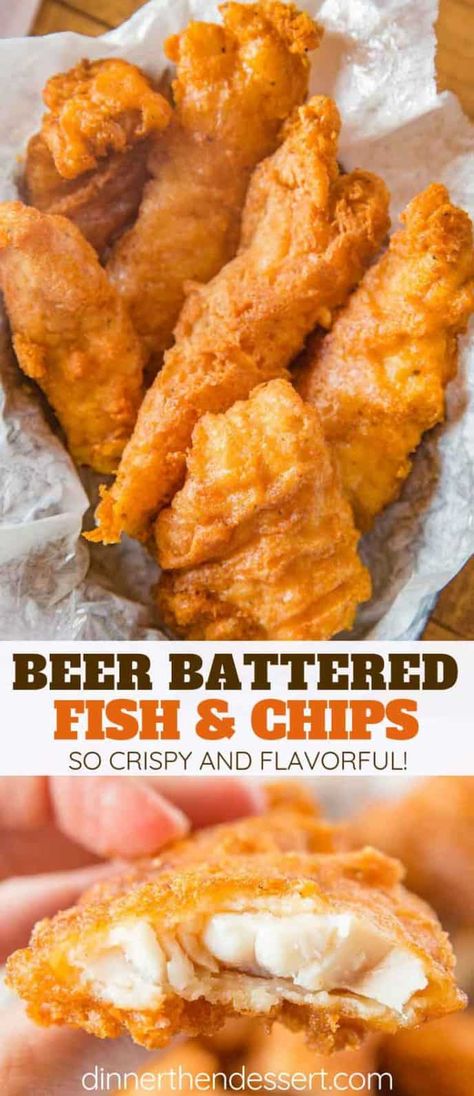 Beer Battered Fish made with fresh cod filets dipped in seasoned beer batter and fried until golden brown and crispy, EASY to make and ready in only a few minutes! #fish #fishandchips #friedfoods #fry #cod #crispy #dinner #cooking #dinnerthendessert Beer Battered Fish And Chips, Battered Fish And Chips, Cod Filets, Beer Battered Fish Recipes, Fish Batter Recipe, Fried Cod, Fish Recipes Baked, Fish Dinner Recipes, Beer Battered Fish