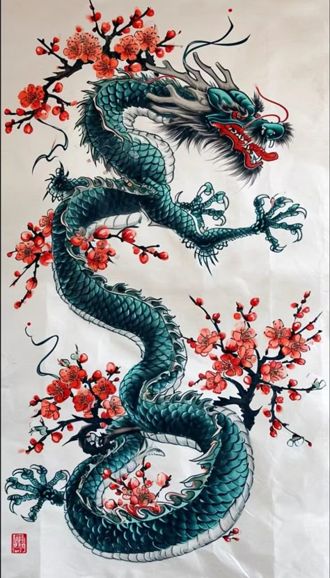 Korean Dragon Art, Watercolor Dragon Tattoo, Chinese Zodiac Tattoo, Dragon Colors, Dragon Thigh Tattoo, Traditional Japanese Dragon, Chinese Dragon Drawing, Koi Tattoos, Dragon Breathing