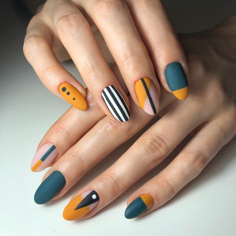 Diy Gel Designs, Colorful Pedicure Designs, Afrocentric Nail Designs, Single Nail Design Ring Finger, Boho Almond Nails, Color Block Nails Designs, Minimalist Nail Design Inspiration, Asexual Nails, Retro Nail Art Vintage