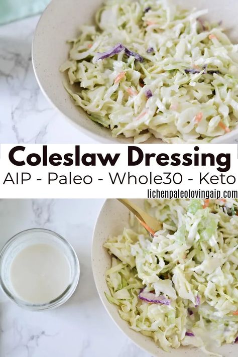 This creamy coleslaw dressing is incredibly easy to make with only four ingredients. It’s also #AIP #paleo #whole30 #keto and #dairyfree Gf Coleslaw Recipe, Coleslaw Meal Prep, Gluten Free Coleslaw Recipe, Healthy Coleslaw Recipes, Aip Diet Recipes, Cabbage And Carrots, Healthy Coleslaw, Potluck Side Dishes, Vegan Coleslaw