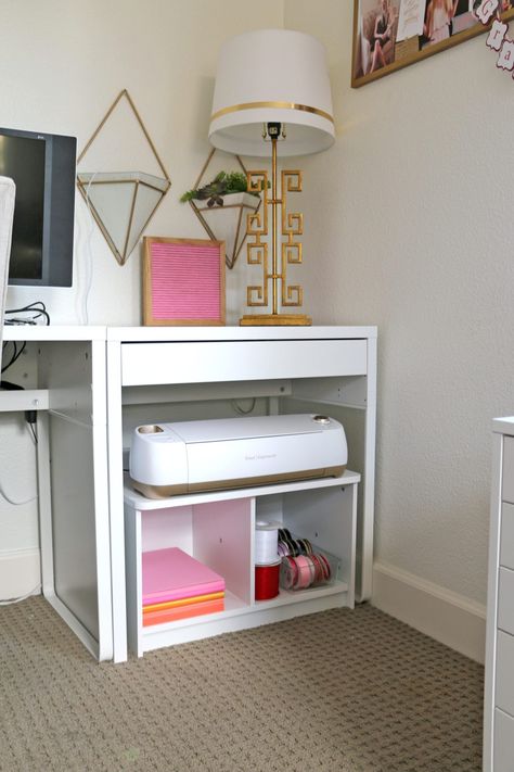 Crichton Storage, Cricut Set Up Desk, Micke Ikea Desk Ideas, Cricut Desk Ideas, Cricut Desk Set Up, Micke Desk Ikea Ideas, Printer Storage Ideas, Cricut Workspace, Cricut Desk