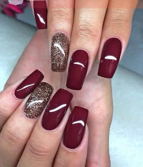 Burgundy with some shimmer! Perfect for Xmas holiday... Dark Red Nails With Gold Glitter, Wine Nail Designs, Nail Polish Ideas Easy, French Pedicure, Simple Fall Nails, Nagel Tips, Her Nails, Christmas Nails Acrylic, Almond Shaped