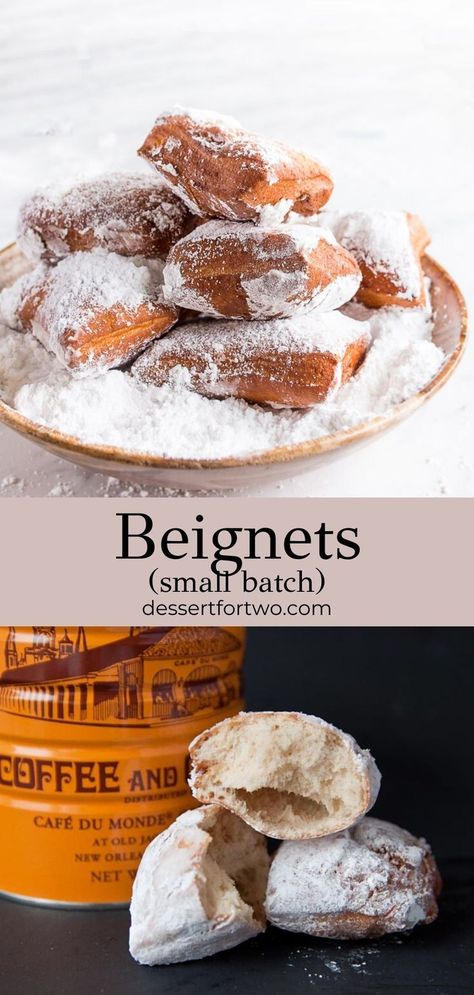 Beignets, a small batch recipe. A taste of Cafe du Monde New Orleans at home! Recipe makes just 8 small beignets in about 90 minutes. #cajunrecipes #louisianarecipes #beinets #cafedumonde Baking Recipes From Scratch, Recipes From Scratch, Think Food, Monkey Bread, Made From Scratch, Yummy Sweets, Beignets, Small Batch, No Bake Desserts