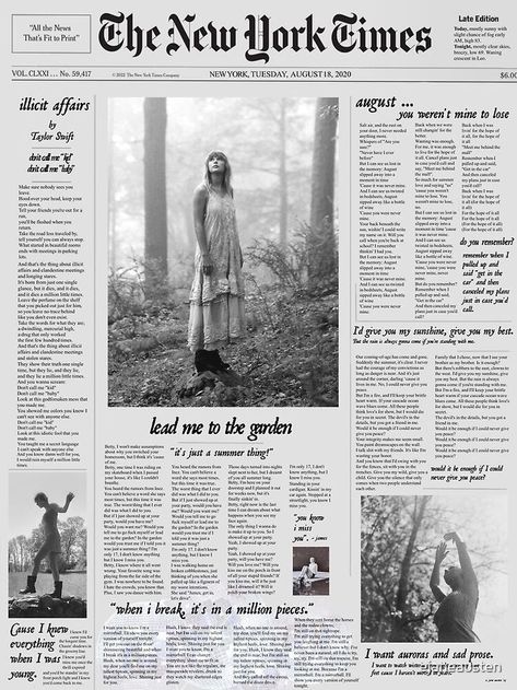 Taylor Swift Newspaper, Folklore Poster, Taylor Swift Book, Taylor Swift News, Song Posters, Taylor Swift Folklore, Swift Wallpaper, Album Ideas, Taylor Lyrics