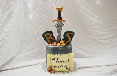 This cake was for @dink_g . Ofc it was an Old School Runescape themed cake. #chocolatecake #caramel #runescape #sword #coins #scroll… Runescape Themed Party, Runescape Cake, Runescape Party, Hobbit Party, 30th Birthday Men, Old School Runescape, Anniversary Ideas, Rose Cake, Cake Icing