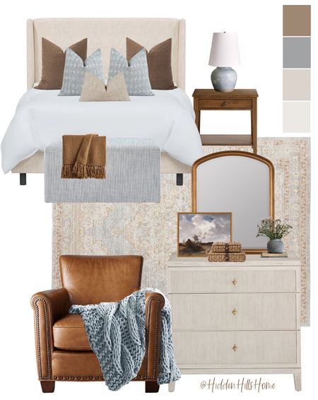 Modern Traditional Bedroom Decor, Neutral Upholstered Bed, Primary Bedroom Decor, Modern Traditional Bedroom, Tilly Upholstered Bed, Decor Mood Board, Transitional Family Room, 3 Piece Sectional Sofa, Traditional Bedroom Decor