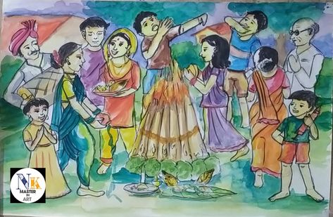 Festival drawing holika dahan for beginners. It's different on the spot composition made by me, what you actually have experienced and keeps in mind that you just have to draw. In Mumbai actually all hindus come together to celebrate such a festival and enjoys a lot. For step by step tutorial link is in web. Please follow me here and subscribe my channel on YouTube. Thank you. Memory Drawing For Intermediate, Holi Drawing, Festival Drawing, Holika Dahan, Village Festival, Memory Drawing, Composition Drawing, Fairy Drawings, Festival Image