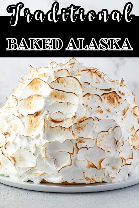 This traditional Baked Alaska recipe combines creamy ice cream, fluffy cake, and toasted meringue in one showstopping dessert. Despite its impressive appearance, this recipe is surprisingly simple to make and can be prepared ahead of time, making it perfect for stress-free entertaining. Baked Alaska Birthday Cake, Baked Alaska Cupcakes, Baked Alaska Cake, Bake Alaska Cake, Vegan Baked Alaska Recipe, Easy Baked Alaska Recipe, Easy Baked Alaska, Alaska Cake, Baked Alaska Recipe