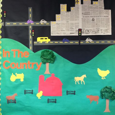 Cool idea for preschool theme wall City Vs Country, Preschool Building, City Mural, School Farm, School Bulletin Board Ideas, Kindergarten Units, Farm School, Giving Tree, The Giving Tree