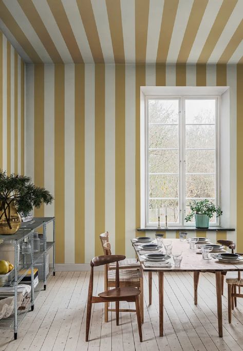 Striped Walls Vertical, Bedroom Panelling, Striped Hallway, Painting Stripes On Walls, Mustard Wallpaper, Stripe Wall, Stripped Wall, Airbnb Design, Striped Walls