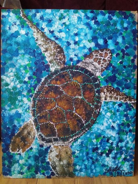 Pointalism. Sea. Turtle. Turtle Pointillism, Sea Turtle Painting Acrylic Easy, Kolaj Art, Pointillism Painting, Pointalism Art, Awesome Drawings, Grace Art, Sea Turtle Art, Coastal Painting