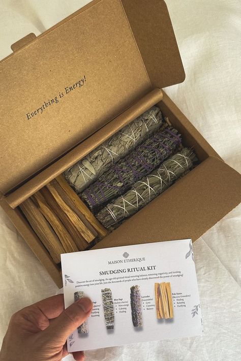 Smudging Ritual Kit White sage, Blue Sage, Lavender , Palo Santo Cleanse Your Space, Yoga Studio Design, Sage Blue, Crystal Room, Meditation Accessories, Instagram Tools, Energy Cleansing, Tropical Background, Self Branding