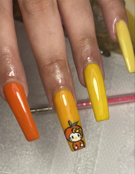 Orange and yellow Hello Kitty Nails #gelnails #fashion #gardening #strangerthings #thesummeriturnedpretty #nailart #oranges hello kitty Orange Hello Kitty Aesthetic, Orange Hello Kitty Nails, Orange Kawaii Nails, Orange Cartoon Nails, Orange Hello Kitty, Yellow Hello Kitty, Sanrio Nails, Hello Kitty Nails Art, Kitty Nails