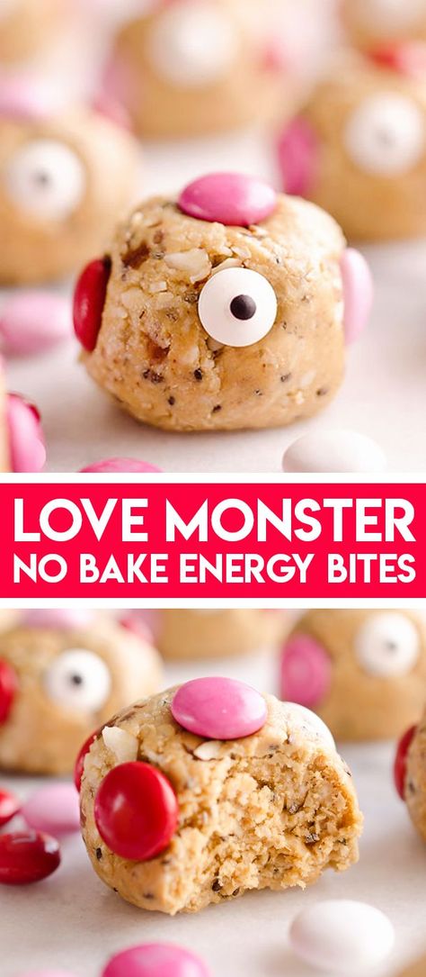 Love Monster Energy Bites are a healthy Valentine's Day treat perfect for school lunch boxes. Kids and adults will love these no bake peanut butter energy bites filled with chia seeds, oats, almonds and a little bit of chocolate for a protein packed snack! #HealthyValentinesTreat #LoveMonster #HealthySchoolSnack Monster Energy Bites, Valentines Dessert, Food Rocks, Flourless Chocolate Torte, School Lunch Boxes, Keto Chocolate Mousse, Peanut Butter Energy Bites, Valentines Recipes Desserts, Keto Pumpkin Pie