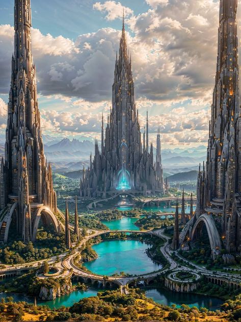 Ancient Atlantis, Earth City, Gorgeous Landscapes, Futuristic Cities, Dreamy Artwork, Waterfall Photography, Fantasy Concept, Fantasy Castle, Fantasy City