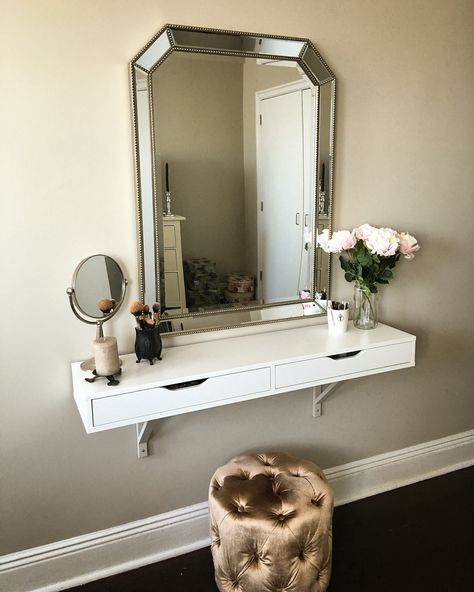 IKEA Ekby Alex shelf as vanity - painted brackets my wall color. Ikea Ekby, Dressing Table Design, Diy Vanity, Mirror On The Wall, Bedroom Vanity, Makeup Table, Makeup Rooms, Vanity Desk, Makeup Room