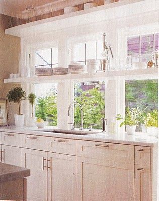 Kitchen Window Shelf?! Cabinets In Front Of Windows, Kitchen Window Ideas Decor, Kitchen Window Shelf, Kitchen Window Ideas, Kitchen Window Shelves, Shallow Cabinets, Winter Kitchen, Window Shelf, Window Shelves