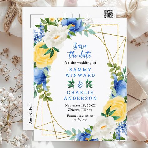 Blue and Yellow Floral Wedding Save The Date Postcard Yellow Floral Wedding, Save The Date Postcard, Save The Date Postcards, Wedding Save The Date, Formal Invitation, Wedding Saving, Blue And Yellow, Yellow Floral, Save The Date