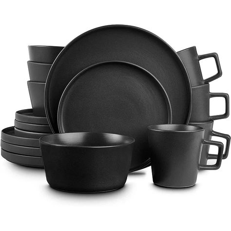 amazon-stone-lain-coupe-dinnerware-set-black-matte Basic Breakfast, Black Dinnerware Set, Black Dinnerware, Dishware Sets, Stoneware Dinnerware Sets, Stoneware Dishes, Stoneware Dinnerware, Porcelain Dinnerware, Christmas Table Settings