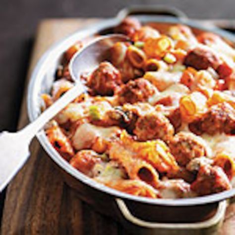 Baked Rigatoni and Meatballs | Canadian Living Rigatoni And Meatballs, Baked Rigatoni, Meatball Casserole, Asparagus Pasta, Weekday Meals, Living Magazine, Pasta Dish, Rigatoni, Meat Dishes