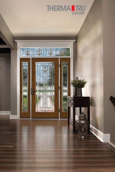 Decorative Glass Front Door, Full Glass Entry Door, Full Glass Front Door, Fiberglass Exterior Doors, Entry Doors With Glass, Craftsman Door, Stair Railings, Front Door Entrance, Exterior Front Doors