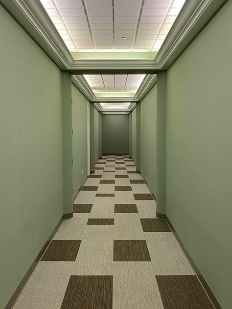 Liminal Office Space, Liminal Hallways, Liminal Office, Hallway Background, Weirdcore Aesthetic, School Hallways, Retro Office, Office Pictures, Liminal Space