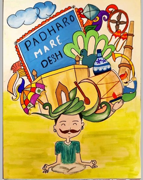 Padharo mare desh. Rajasthani culture Poster drawing Cultural Activities Poster, Rajasthan Culture Drawing, Katputli Rajasthani Drawing, Rajasthan Doodle, Indian Tourism Poster, Indian Culture Poster, Rajasthan Drawing, Rajasthani Drawing, Rajasthani Elements