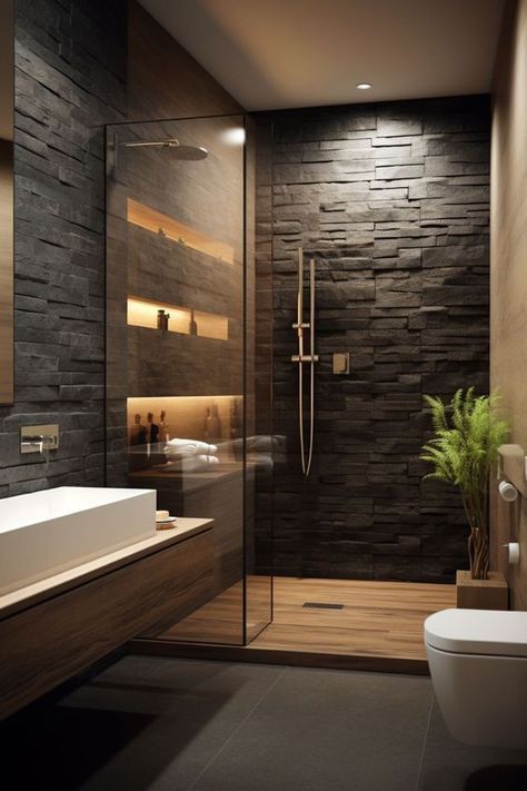 Bathroom Stone Wallpaper, Mountain Cabin Bathroom Ideas, Modern Black Bathroom Design, Black And Wood Bathroom, Dark Modern Bathroom, Dark Modern Home, Bathroom Design Styles, Dark Bathrooms, Zen Bathroom