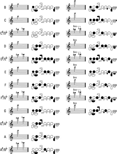 Flute fingering chart! Look at all those little symbols and notes. Eesh. Trumpet Fingering Chart, Flute Fingering Chart, Saxophone Fingering Chart, Piano Cords, Flute Lessons, Transverse Flute, Reading Sheet Music, Music Theory Lessons, Clarinet Sheet Music