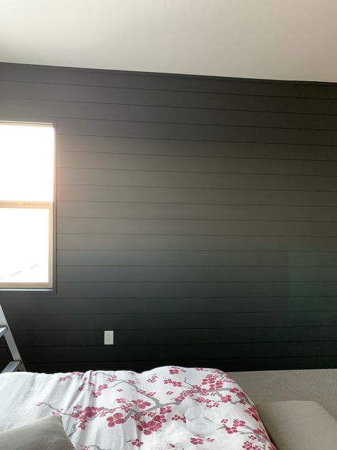 Black Tongue And Groove Wall, Black Shiplap Bedroom Wall, Black Shiplap Bedroom, Shiplap Bedroom Wall, Tongue And Groove Wall, Shiplap Bedroom, Tongue And Groove Walls, Black Tongue, Dark Paint Colors