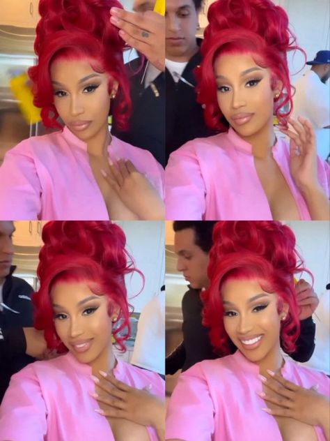 Cardi B Red Hair, Red Half Up Half Down, Cardi B Hairstyles, 21st Birthday Hairstyles, Red Hairstyles, Birthday Hairstyles, Bun Updo, Hairstyle Inspo, Birthday Hair