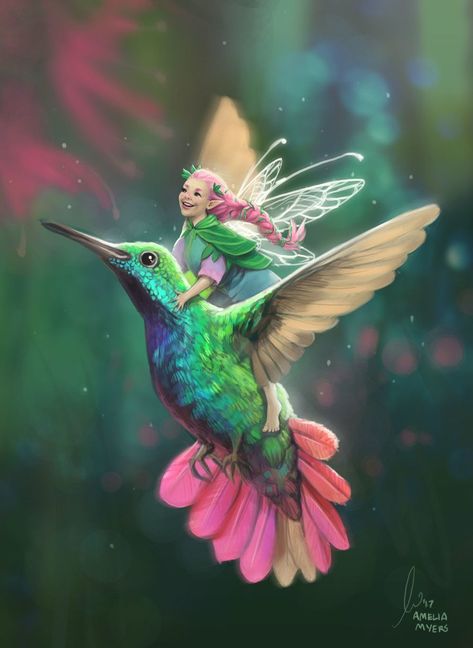 ArtStation - Hummingbird Rider Art Fox, Fairy Dragon, Fairy Pictures, Fairy Artwork, Fairies Elves, Forest Creatures, Cute Fairy, Fairy Magic, Beautiful Fairies