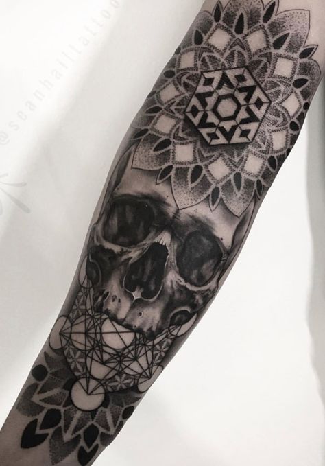 Stone Tattoo Ideas, Geometric Skull Tattoo Design, Mandala Skull Tattoo Design, Skull Mandala Tattoo, Geometric Tattoo Leg, Half Sleeve Tattoos Sketches, Full Hand Tattoo, Tattoo Appointment, Stone Tattoo